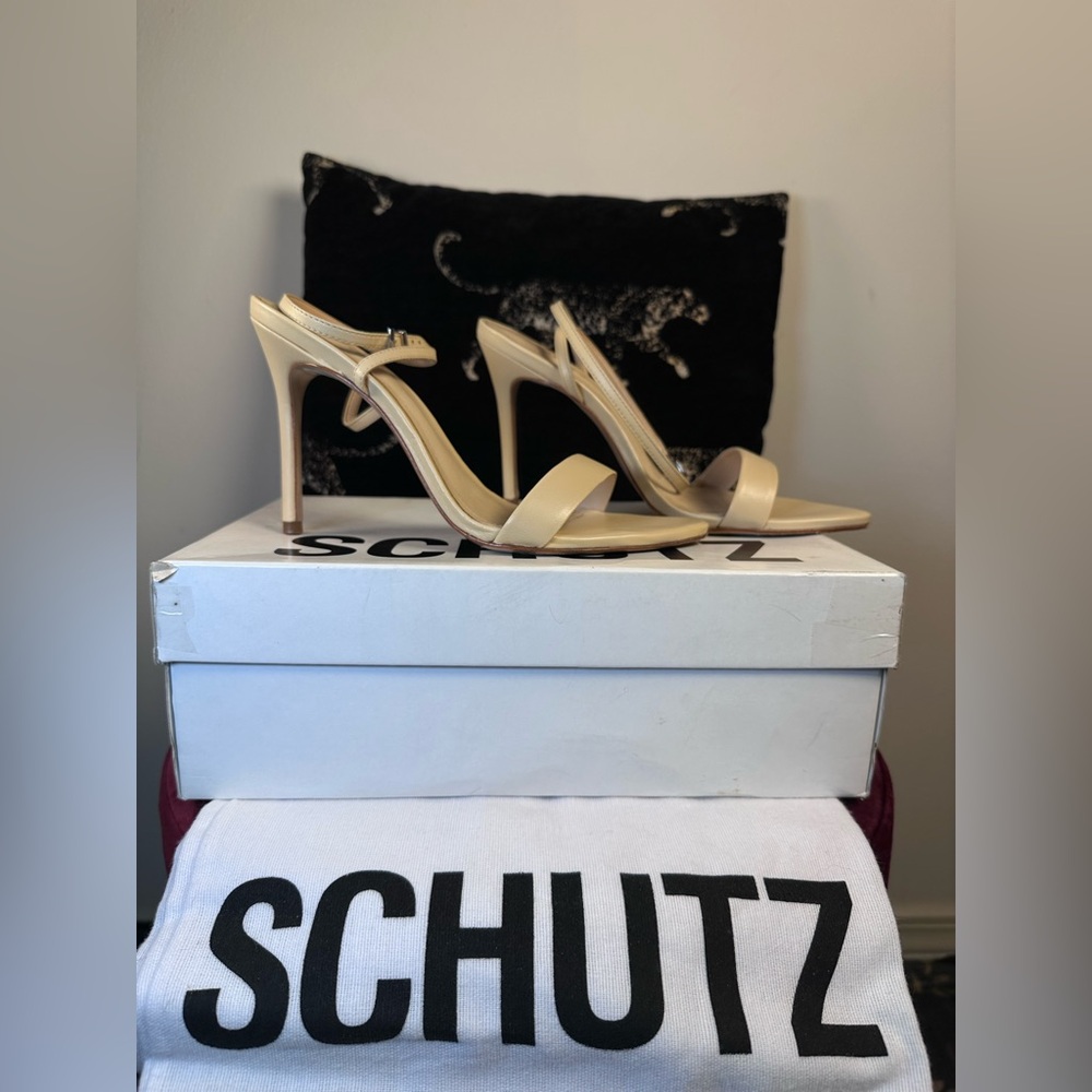 Schutz Angie Heel in Natural Nibs cream tan high ankle strap leather open toe